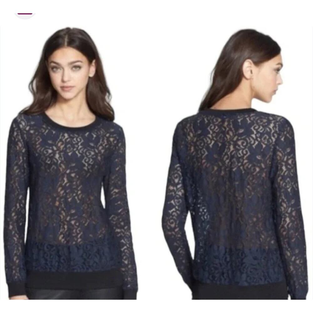 Theory Jaidyn Sheer Floral Lace Crew Neck Top Navy Blue/Black Sz L